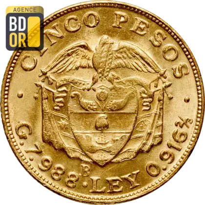 5 Pesos Or Colombie 1919-1924 